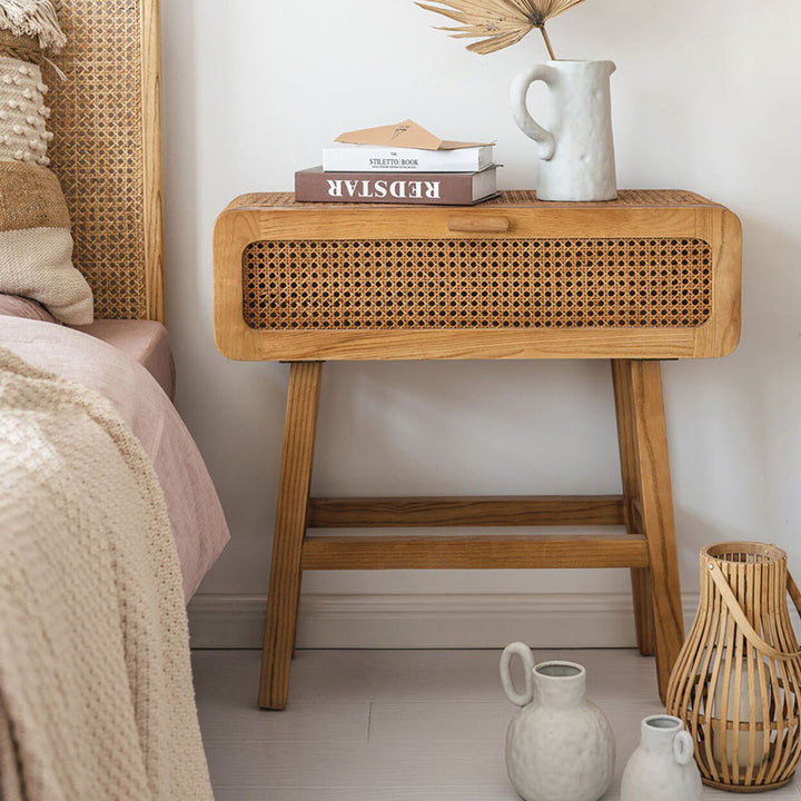 Traditional Japanese Ash Wood Plywood Rattan Weaving Highly Practical Rectangular Nightstand 1-Drawer For Bedroom