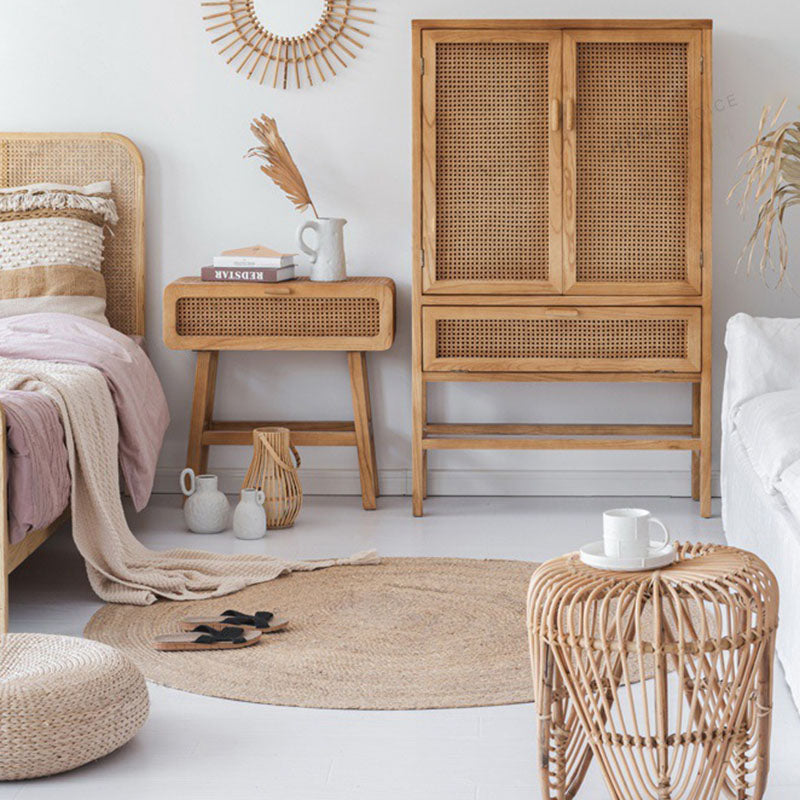 Traditional Japanese Ash Wood Plywood Rattan Weaving Highly Practical Rectangular Nightstand 1-Drawer For Bedroom