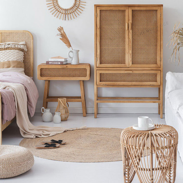 Traditional Japanese Ash Wood Plywood Rattan Weaving Highly Practical Rectangular Nightstand 1-Drawer For Bedroom