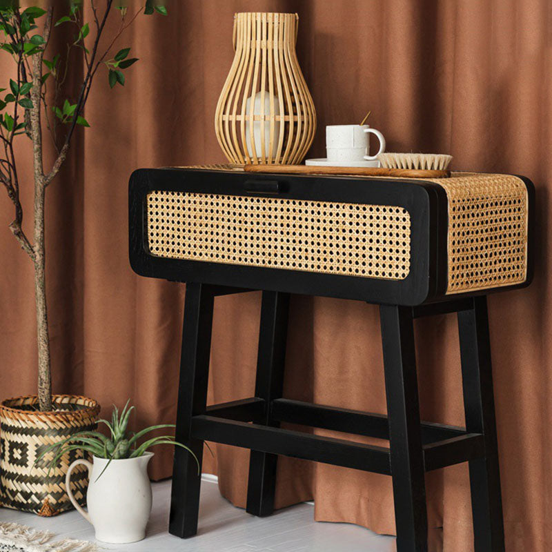 Traditional Japanese Ash Wood Plywood Rattan Weaving Highly Practical Rectangular Nightstand 1-Drawer For Bedroom