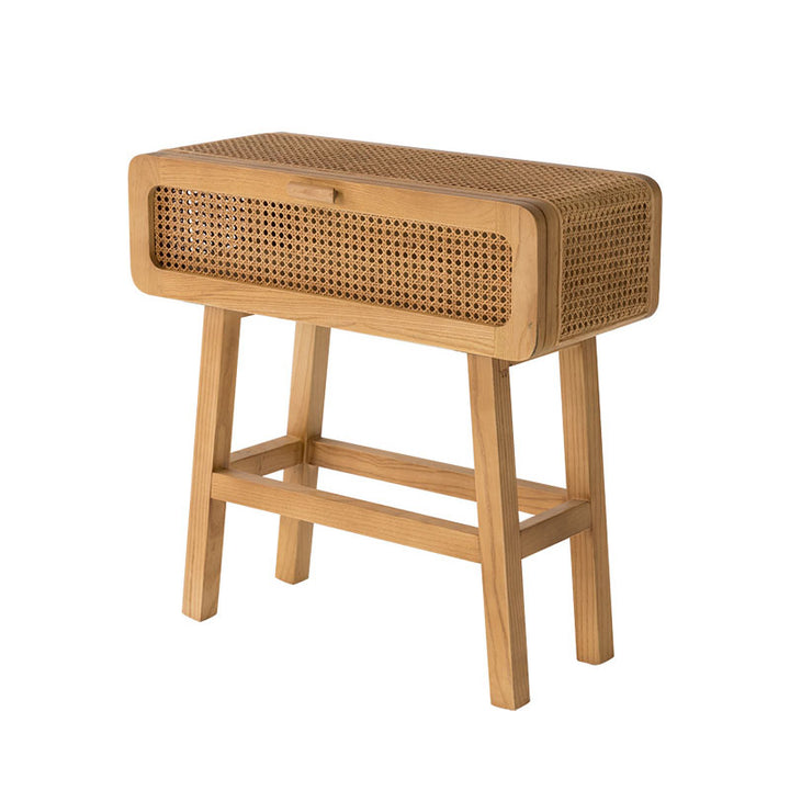 Traditional Japanese Ash Wood Plywood Rattan Weaving Highly Practical Rectangular Nightstand 1-Drawer For Bedroom