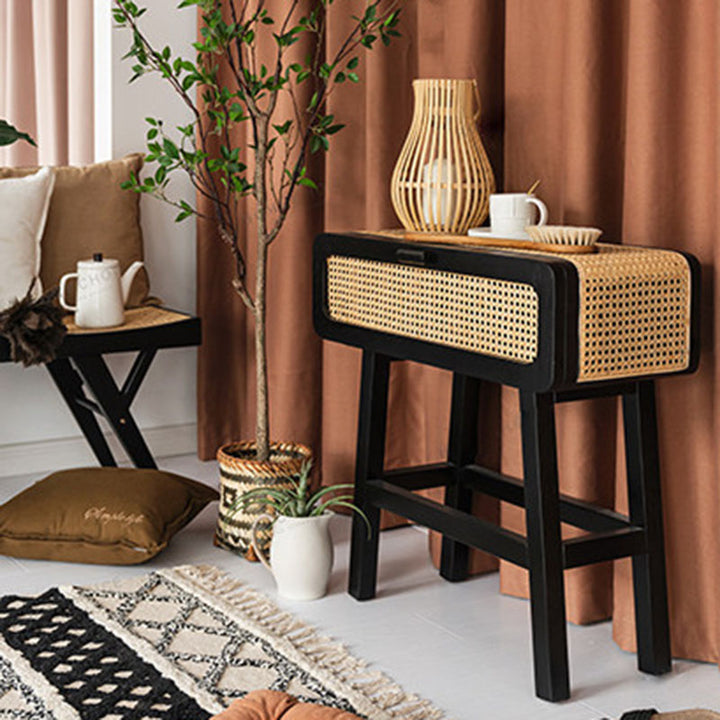 Traditional Japanese Ash Wood Plywood Rattan Weaving Highly Practical Rectangular Nightstand 1-Drawer For Bedroom