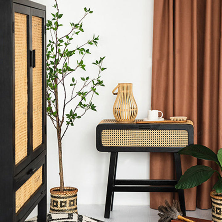 Traditional Japanese Ash Wood Plywood Rattan Weaving Highly Practical Rectangular Nightstand 1-Drawer For Bedroom