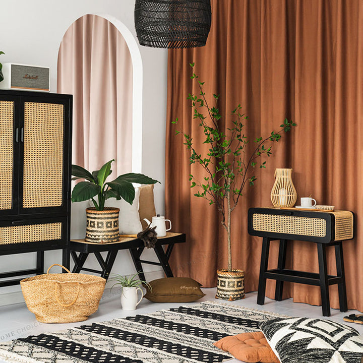 Traditional Japanese Ash Wood Plywood Rattan Weaving Highly Practical Rectangular Nightstand 1-Drawer For Bedroom