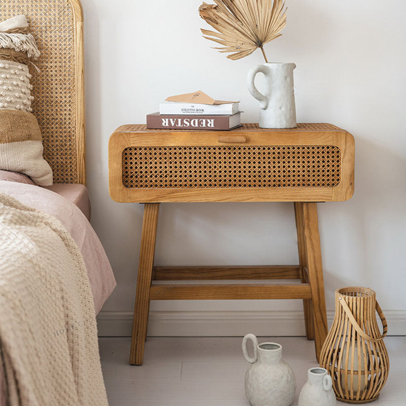 Traditional Japanese Ash Wood Plywood Rattan Weaving Highly Practical Rectangular Nightstand 1-Drawer For Bedroom