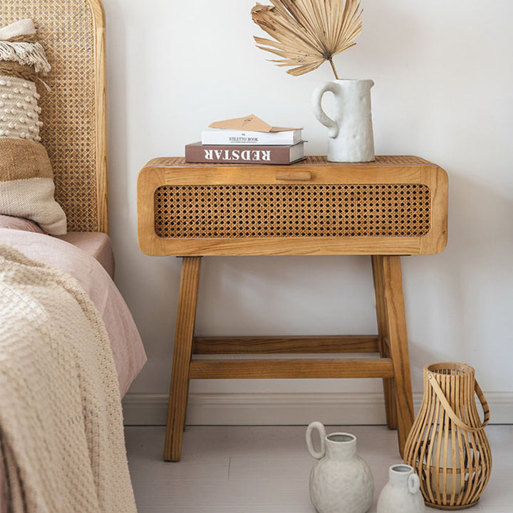 Traditional Japanese Ash Wood Plywood Rattan Weaving Highly Practical Rectangular Nightstand 1-Drawer For Bedroom