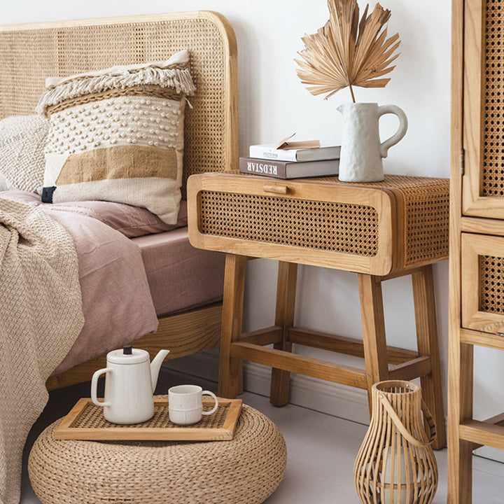Traditional Japanese Ash Wood Plywood Rattan Weaving Highly Practical Rectangular Nightstand 1-Drawer For Bedroom