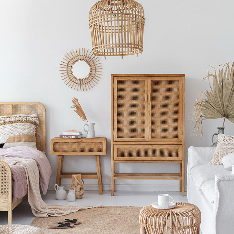 Traditional Japanese Ash Wood Plywood Rattan Weaving Highly Practical Rectangular Nightstand 1-Drawer For Bedroom
