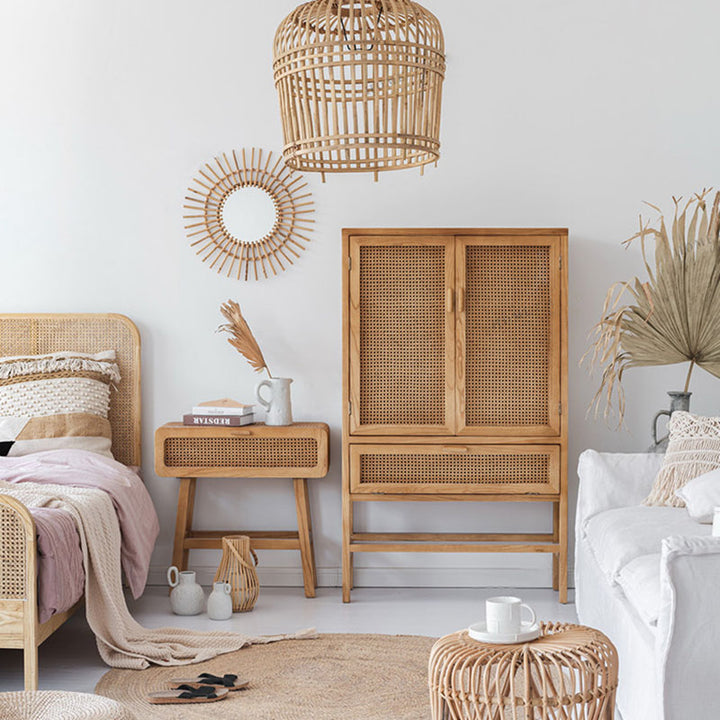 Traditional Japanese Ash Wood Plywood Rattan Weaving Highly Practical Rectangular Nightstand 1-Drawer For Bedroom