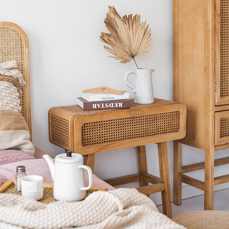 Traditional Japanese Ash Wood Plywood Rattan Weaving Highly Practical Rectangular Nightstand 1-Drawer For Bedroom