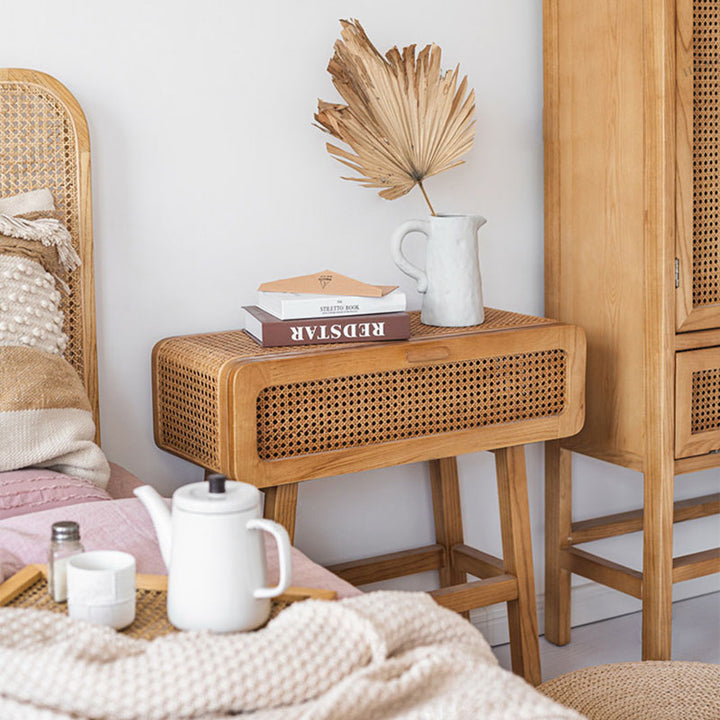 Traditional Japanese Ash Wood Plywood Rattan Weaving Highly Practical Rectangular Nightstand 1-Drawer For Bedroom