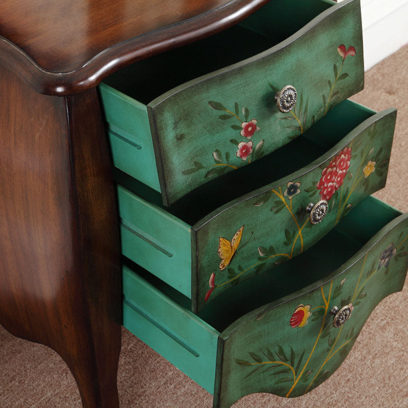 Traditional Vintage Birch Wood &amp; Pine Wood Particleboard Artistic Rectangular Space-Saving Nightstand 3-Drawer For Bedroom
