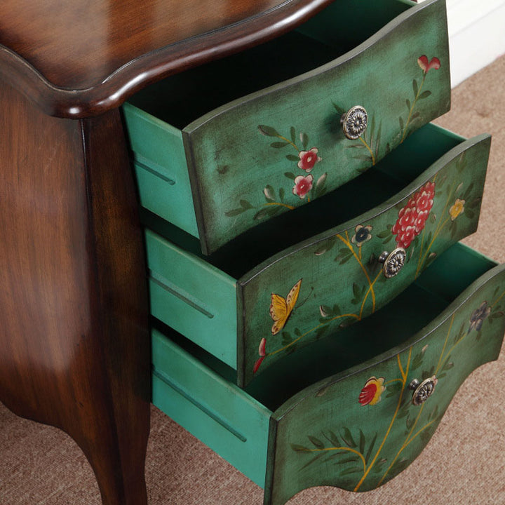 Traditional Vintage Birch Wood &amp; Pine Wood Particleboard Artistic Rectangular Space-Saving Nightstand 3-Drawer For Bedroom