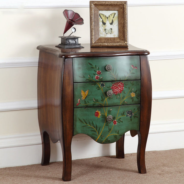 Traditional Vintage Birch Wood &amp; Pine Wood Particleboard Artistic Rectangular Space-Saving Nightstand 3-Drawer For Bedroom