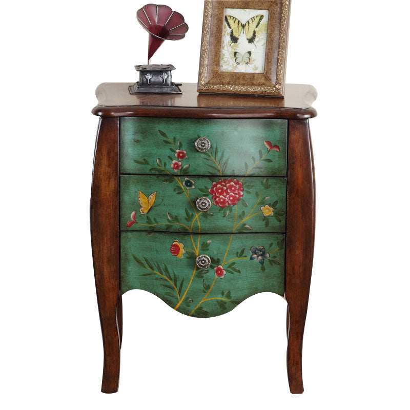 Traditional Vintage Birch Wood &amp; Pine Wood Particleboard Artistic Rectangular Space-Saving Nightstand 3-Drawer For Bedroom