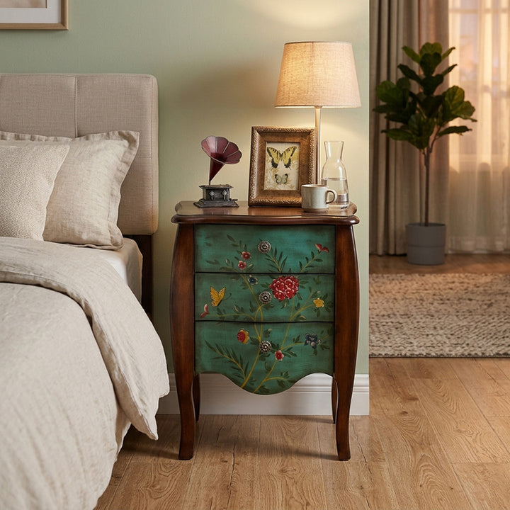 Traditional Vintage Birch Wood &amp; Pine Wood Particleboard Artistic Rectangular Space-Saving Nightstand 3-Drawer For Bedroom