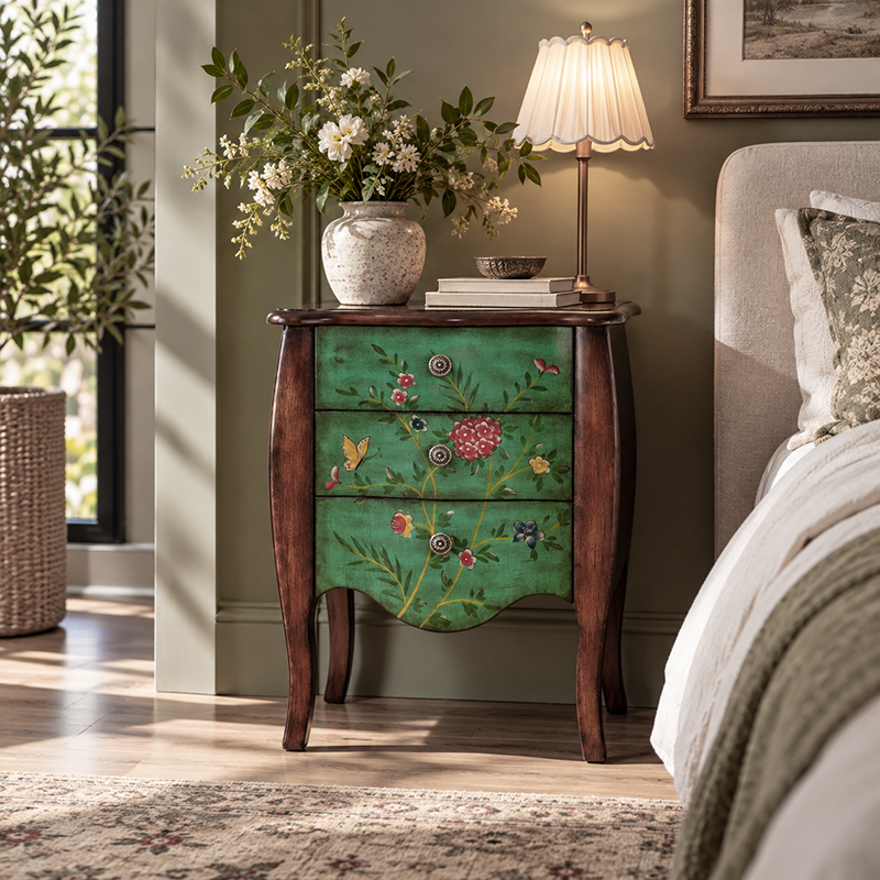Traditional Vintage Birch Wood &amp; Pine Wood Particleboard Artistic Rectangular Space-Saving Nightstand 3-Drawer For Bedroom