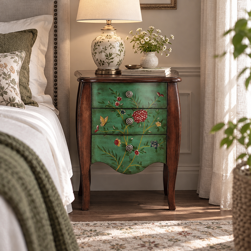 Traditional Vintage Birch Wood &amp; Pine Wood Particleboard Artistic Rectangular Space-Saving Nightstand 3-Drawer For Bedroom