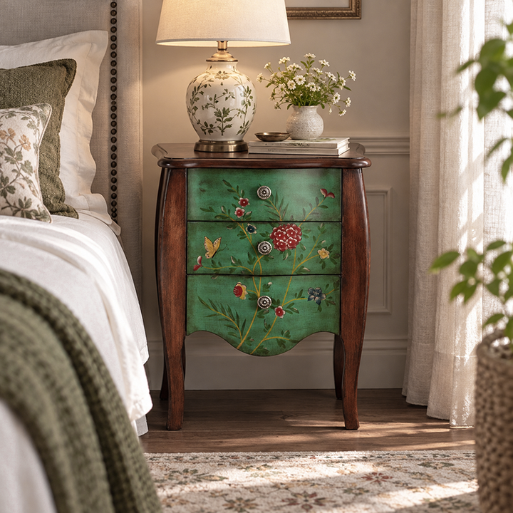 Traditional Vintage Birch Wood &amp; Pine Wood Particleboard Artistic Rectangular Space-Saving Nightstand 3-Drawer For Bedroom