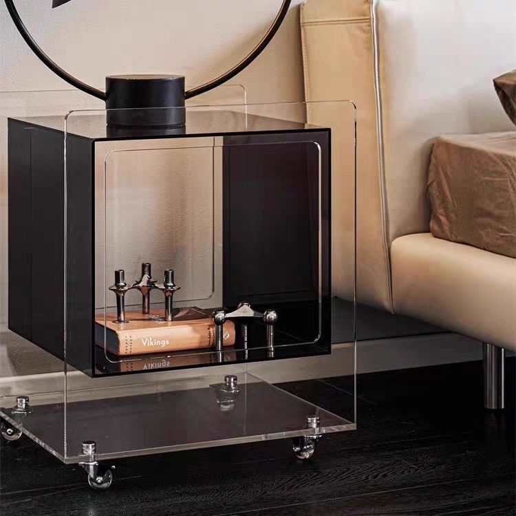 Modern Minimalist Acrylic Cube Side Table With Wheels For Bedroom &amp; Living Room