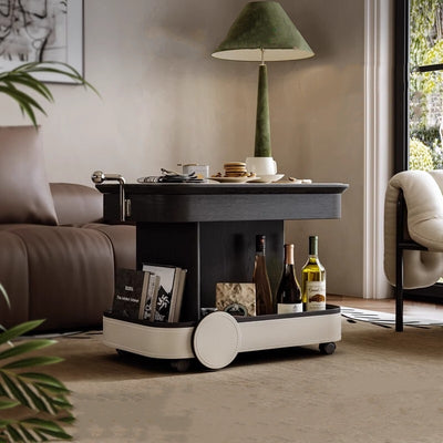 Contemporary Nordic Multi-Layer Wood & Saddle Leather Rectangular Side Table With Lift & Swivel Top For Living Room