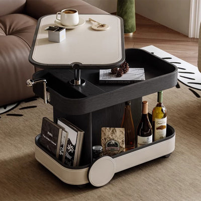 Contemporary Nordic Multi-Layer Wood & Saddle Leather Rectangular Side Table With Lift & Swivel Top For Living Room