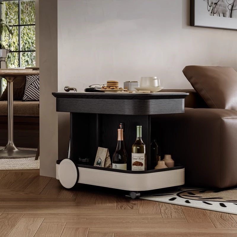 Contemporary Nordic Multi-Layer Wood & Saddle Leather Rectangular Side Table With Lift & Swivel Top For Living Room