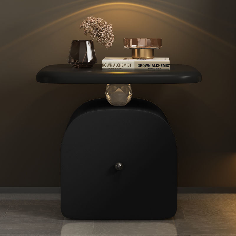 Contemporary Nordic Faux Leather &amp; Wood Curved Nightstand With 1-Drawer For Bedroom
