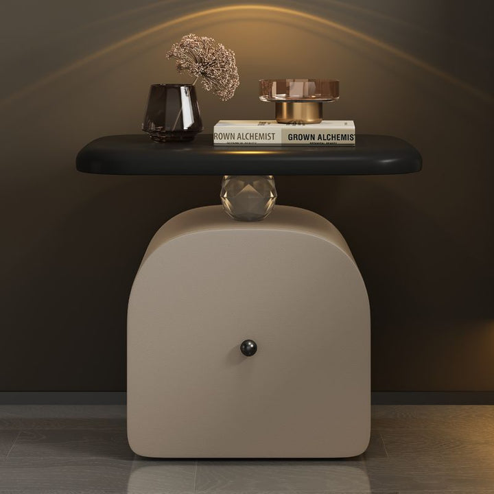 Contemporary Nordic Faux Leather &amp; Wood Curved Nightstand With 1-Drawer For Bedroom