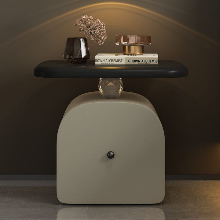 Contemporary Nordic Faux Leather &amp; Wood Curved Nightstand With 1-Drawer For Bedroom