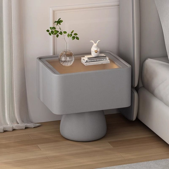Modern Minimalist Solid Wood Plywood Density Board Microfiber Leather &amp; Glass Cream Style Rectangular-Cylinder Nightstand With 1-Drawer For Bedroom