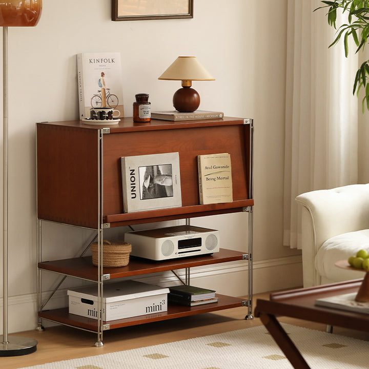 Moderner Mid-Century Holz- und Edelstahl-Rechteckiger Beistelltisch mit 1 Schrank für das Wohnzimmer 