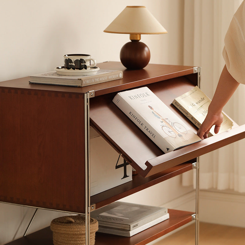 Modern Mid-Century Wooden And Stainless Steel Rectangular Side Table 1-Cabinet For Living Room