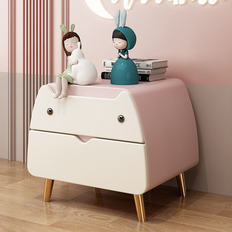 Contemporary Creative Microfiber Leather, Wood & Carbon Steel Cat-Shaped Nightstand With 2-Drawer For Kids&