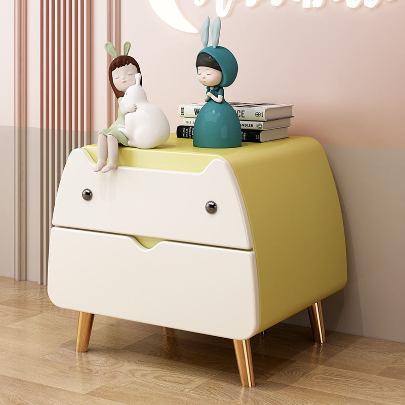 Contemporary Creative Microfiber Leather, Wood & Carbon Steel Cat-Shaped Nightstand With 2-Drawer For Kids&
