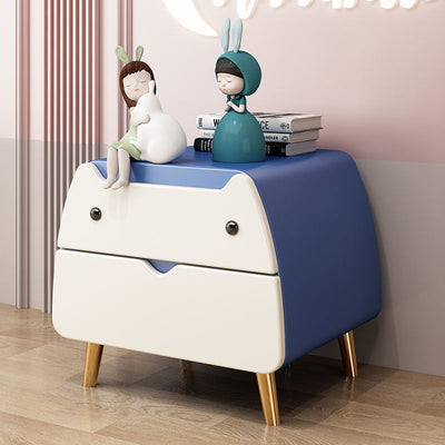 Contemporary Creative Microfiber Leather, Wood & Carbon Steel Cat-Shaped Nightstand With 2-Drawer For Kids' Bedroom