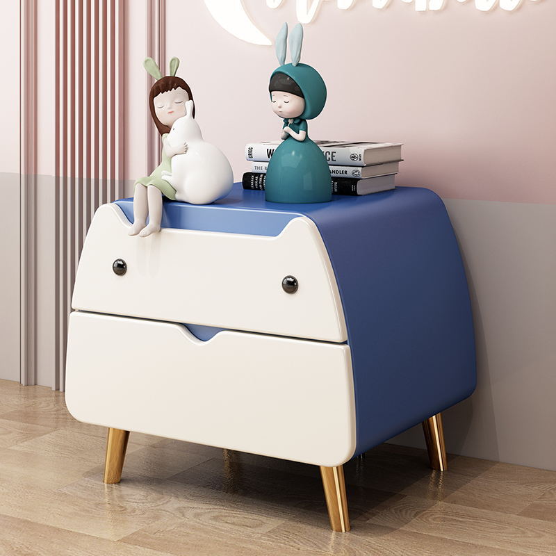 Contemporary Creative Microfiber Leather, Wood & Carbon Steel Cat-Shaped Nightstand With 2-Drawer For Kids&