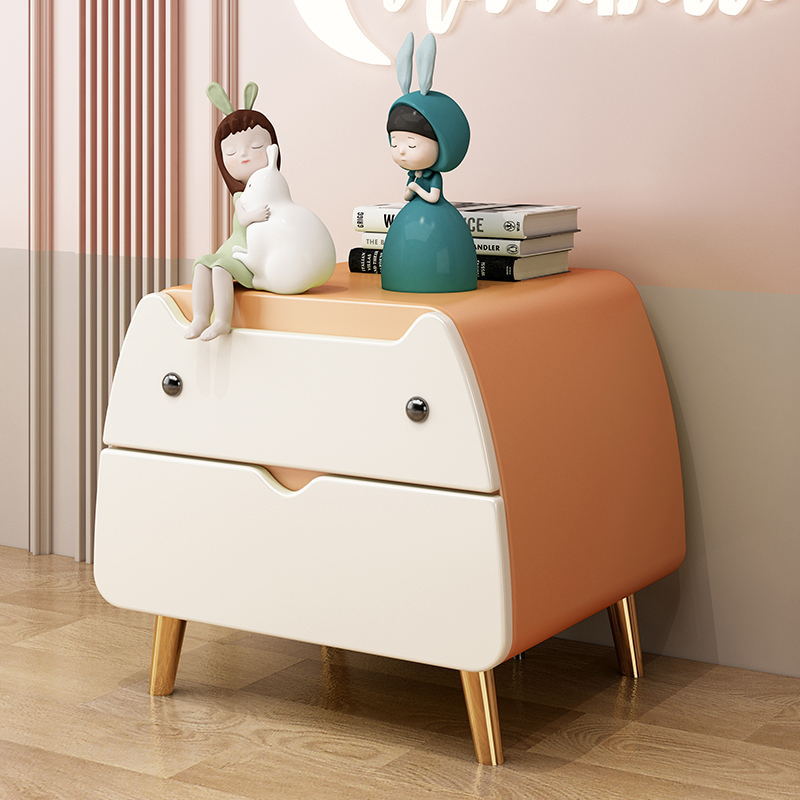 Contemporary Creative Microfiber Leather, Wood & Carbon Steel Cat-Shaped Nightstand With 2-Drawer For Kids&