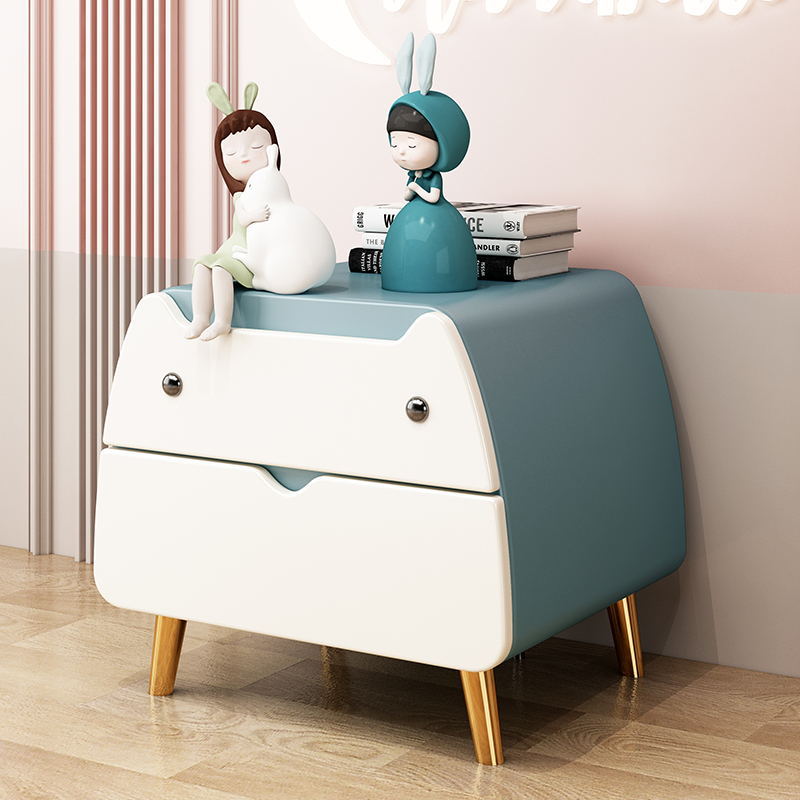 Contemporary Creative Microfiber Leather, Wood & Carbon Steel Cat-Shaped Nightstand With 2-Drawer For Kids&