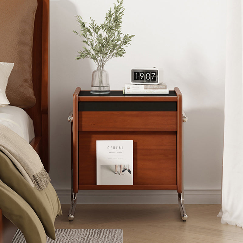 Traditional Vintage Wood, Rock Slab &amp; Stainless Steel Rectangular Nightstand With 2-Drawer For Bedroom