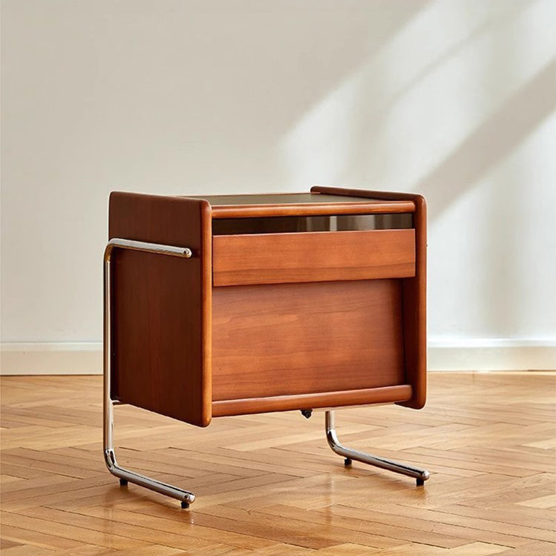 Traditional Vintage Wood, Rock Slab &amp; Stainless Steel Rectangular Nightstand With 2-Drawer For Bedroom