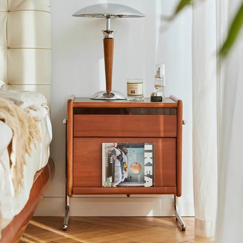 Traditional Vintage Wood, Rock Slab &amp; Stainless Steel Rectangular Nightstand With 2-Drawer For Bedroom