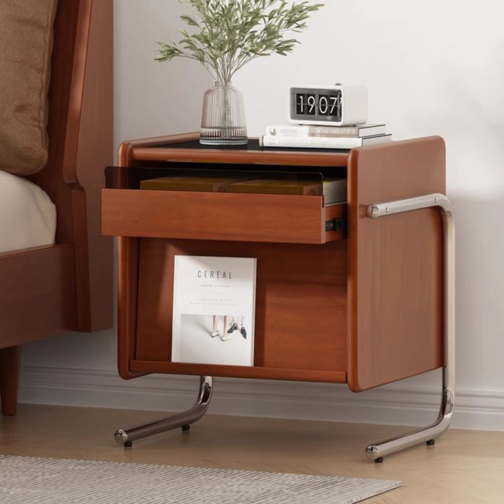 Traditional Vintage Wood, Rock Slab &amp; Stainless Steel Rectangular Nightstand With 2-Drawer For Bedroom
