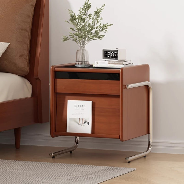 Traditional Vintage Wood, Rock Slab &amp; Stainless Steel Rectangular Nightstand With 2-Drawer For Bedroom