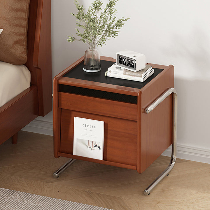 Traditional Vintage Wood, Rock Slab &amp; Stainless Steel Rectangular Nightstand With 2-Drawer For Bedroom
