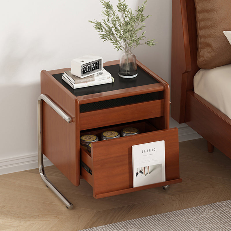 Traditional Vintage Wood, Rock Slab &amp; Stainless Steel Rectangular Nightstand With 2-Drawer For Bedroom