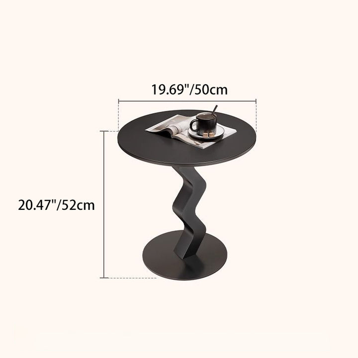 Table d'appoint moderne minimaliste en dalle de fer avec plateau rond et base ondulée, durable pour le salon et la chambre 