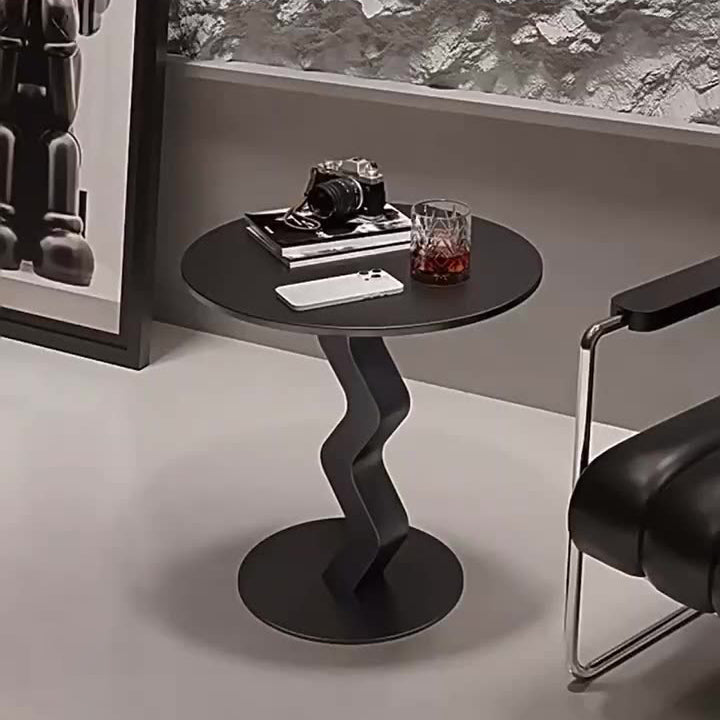 Modern Minimalist Iron Rock Slab Round Top Wave Base Side Table Durable For Living Room Bedroom