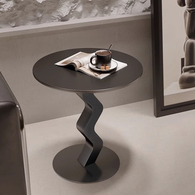Modern Minimalist Iron Rock Slab Round Top Wave Base Side Table Durable For Living Room Bedroom