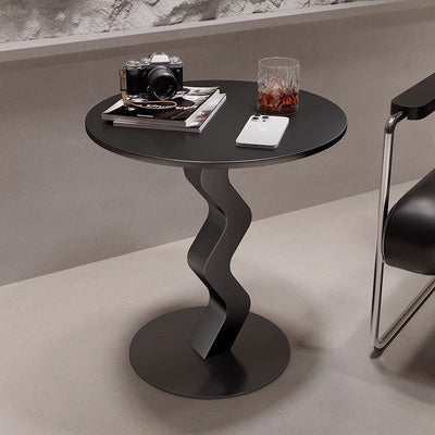 Modern Minimalist Iron Rock Slab Round Top Wave Base Side Table Durable For Living Room Bedroom
